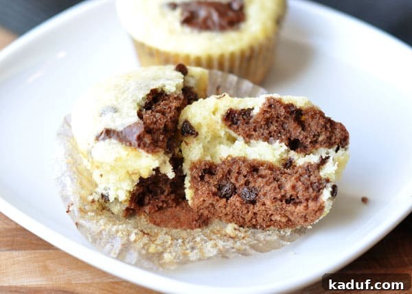 Marbled Chocolate Orange Muffins 2 A perfectly split chocolate orange swirl muffin revealing beautiful ribbons of chocolate and orange batter, generously studded with mini chocolate chips inside.