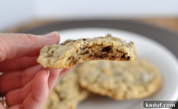 Mountain Hearth Cookies 3 Side view of a chocolate with a bite taken out of it.