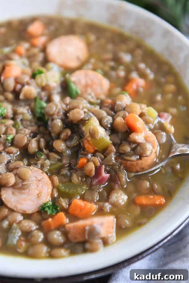 Rich Leftover Ham Bone Lentil Soup 2 Stone bowl with ham bone lentil soup and veggies, highlighting its rich, hearty texture.
