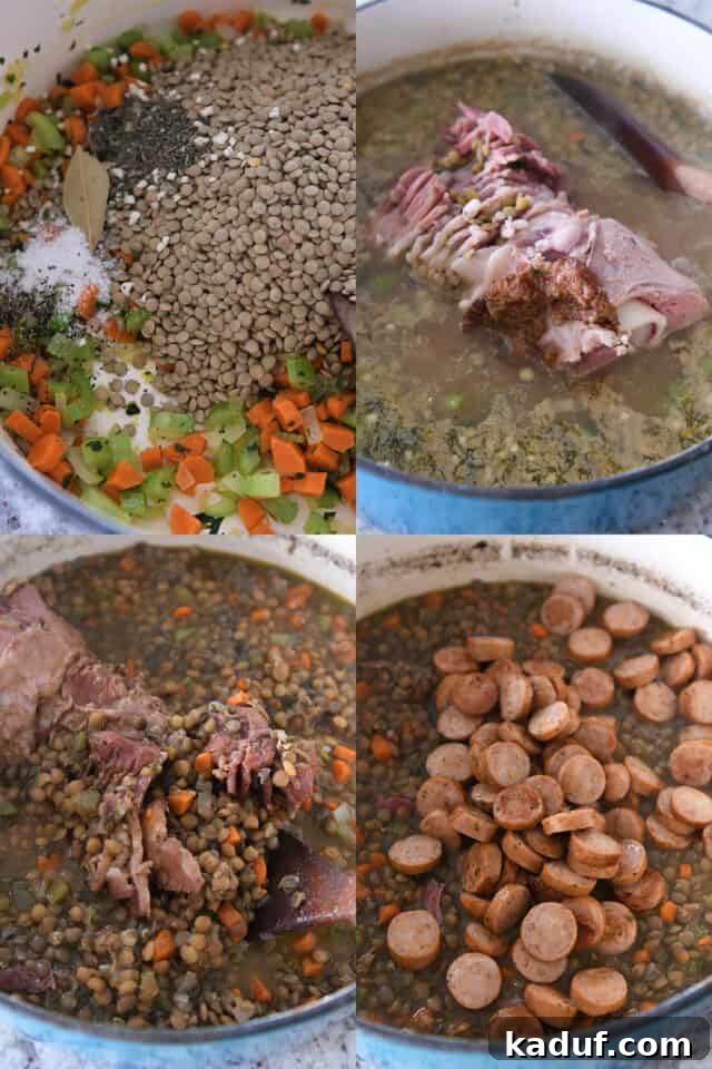 Rich Leftover Ham Bone Lentil Soup 3 Cooking ham bone lentil soup with ham bone, simmering vegetables, and adding sliced sausage.