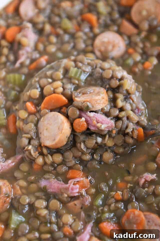 Rich Leftover Ham Bone Lentil Soup 4 Ladle lifting up a generous scoop of flavorful lentil soup with sausage and tender vegetables.