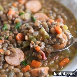 spoon lifting up small scoop of lentil soup in stone bowl