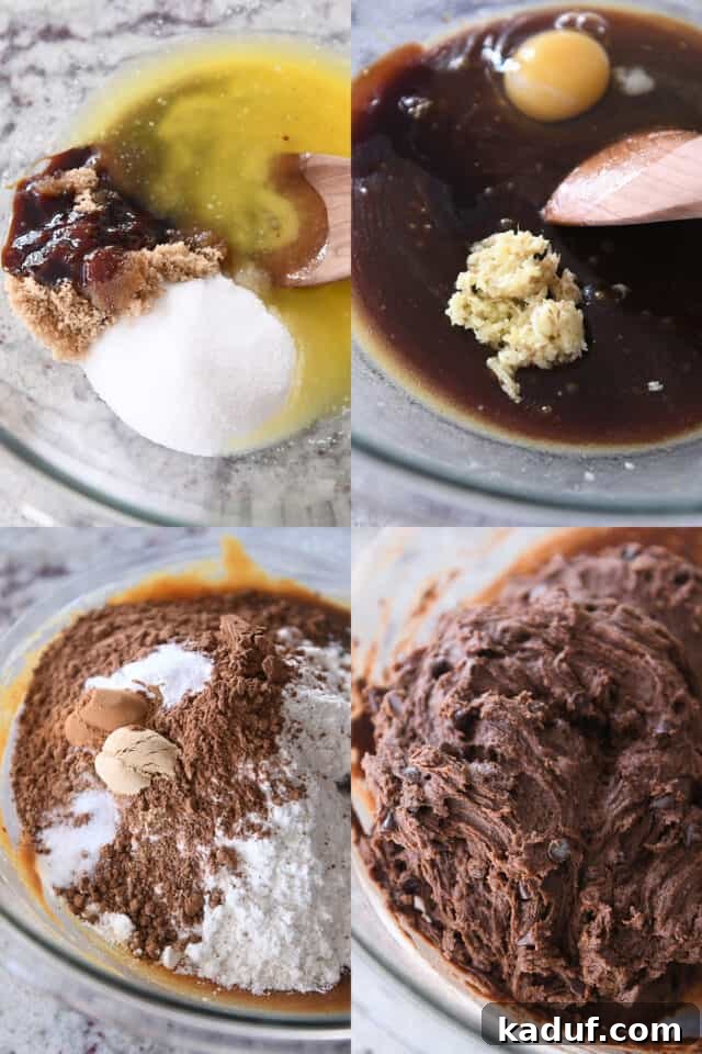Pillowy Chocolate Ginger Molasses Chews 4 Stirring butter, sugar and molasses together in glass bowl; adding ginger and eggs to bowl, adding cocoa and spices to bowl, mixing batter with chocolate chips.