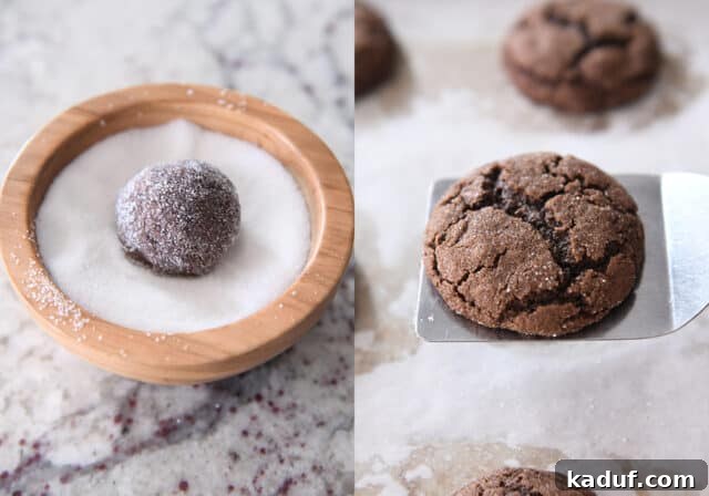 Pillowy Chocolate Ginger Molasses Chews 5 Rolling cookie dough ball in sugar and baking on parchment lined baking sheet.