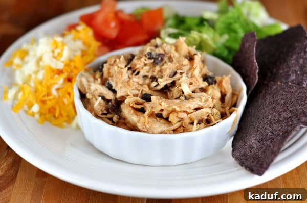 Easy Slow Cooker Pineapple Salsa Chicken 3 Close-up of shredded pineapple salsa chicken and black beans presented in a white ramekin, surrounded by fresh toppings such as shredded cheese, diced tomatoes, crisp lettuce, and crunchy tortilla chips, ready for serving.