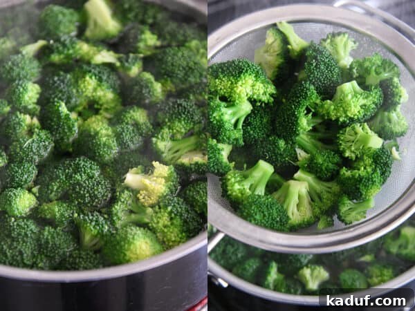 Smoky Mozzarella Chicken and Broccoli Penne Bake 3 Fresh broccoli florets blanching in boiling water in a large pasta pot, part of the one-pot cooking process.
