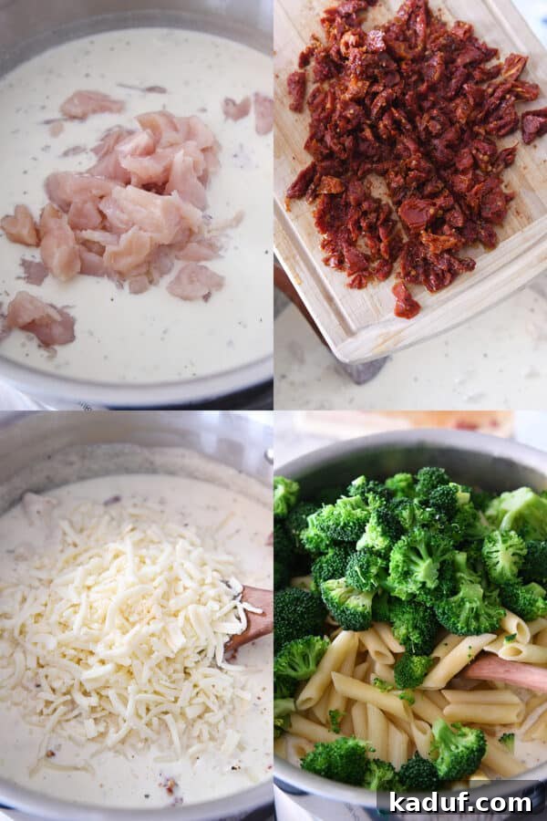 Smoky Mozzarella Chicken and Broccoli Penne Bake 4 A visual sequence showing chicken being added to creamy sauce, followed by sun-dried tomatoes, then shredded cheese, and finally, broccoli and penne pasta being mixed into the sauce in a large pot.