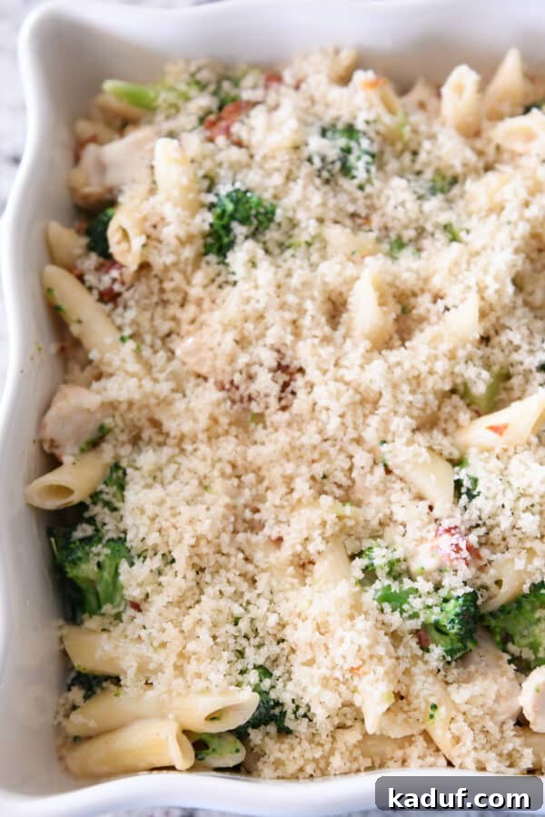 Smoky Mozzarella Chicken and Broccoli Penne Bake 6 An unbaked baked penne pasta casserole in a white ceramic dish, topped generously with golden bread crumbs, before going into the oven.