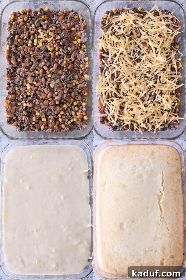 Ranch-Style Beef and Bean Cornbread Bake 5 A four-panel image demonstrating the assembly of Cowboy Dinner Casserole: 1. Beef and bean mixture in a glass pan. 2. Shredded cheese layered over the beef. 3. Cornbread batter poured on top. 4. The finished, golden-baked casserole, ready to serve.