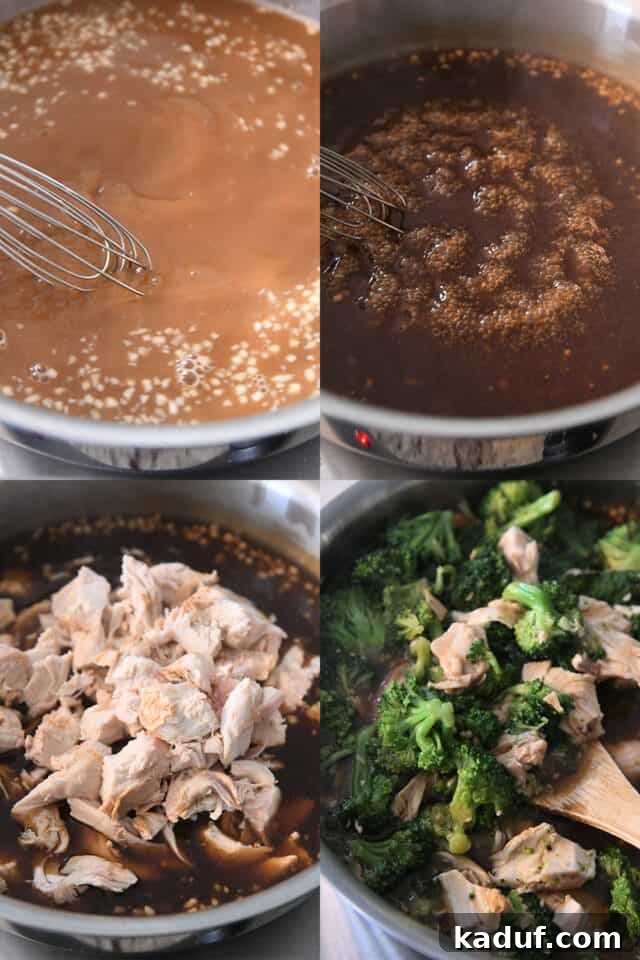 Effortless Chinese Chicken Broccoli Stir-Fry 3 Making quick and easy chinese chicken and broccoli by simmering sauce, adding chicken and broccoli.