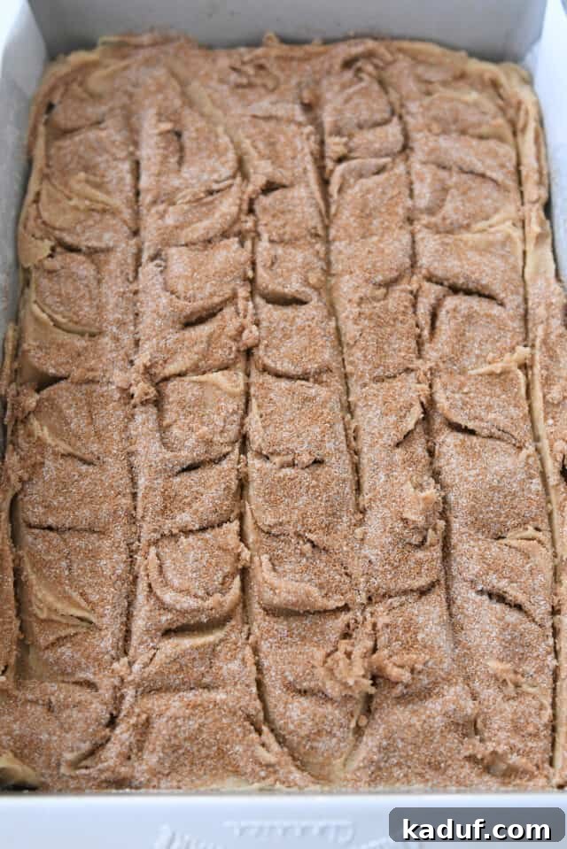 Cinnamon Roll Blondie Bars 4 Cinnamon and sugar swirled in top of cookie batter in metal 9X13-inch pan.