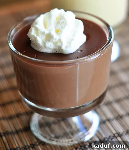 Silky Chocolate Heaven 2 A glass dish filled with rich, creamy homemade chocolate pudding, elegantly topped with a generous swirl of fresh whipped cream.