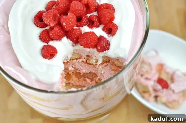 Berrymisu Dream 3 An overhead shot revealing a beautifully layered Berrymisu Trifle, generously topped with fluffy whipped cream and glistening fresh raspberries, with a large serving spoon having scooped out a portion, inviting a taste.