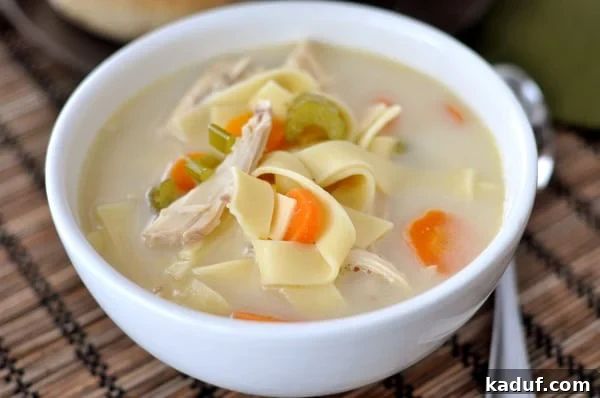 Heartwarming Chicken Noodle Soup 3 Top down view of a white bowl filled with classic chicken noodle soup, garnished with vibrant sliced carrots and green celery pieces.