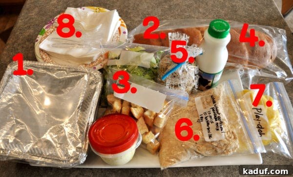 New Mom's Comfort Tray 3 a white tray full of food and sides with big red numbers next to them, illustrating each component of the meal