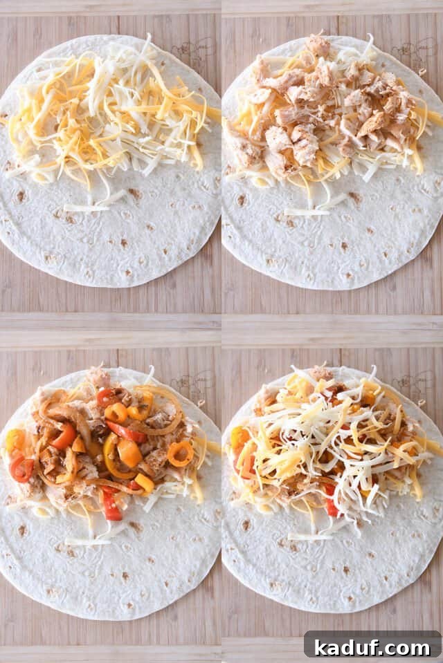 Irresistible Chicken Quesadillas 5 A tortilla is being assembled with a generous layer of cheese, seasoned chicken, colorful sautéed vegetables, and more cheese, ready to be folded into a delicious quesadilla.