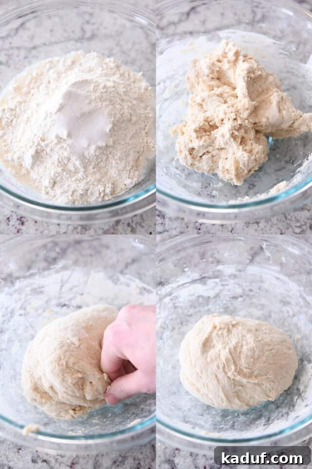 Golden Cheesy Breadsticks 3 Mixing breadstick dough in a glass bowl by hand.