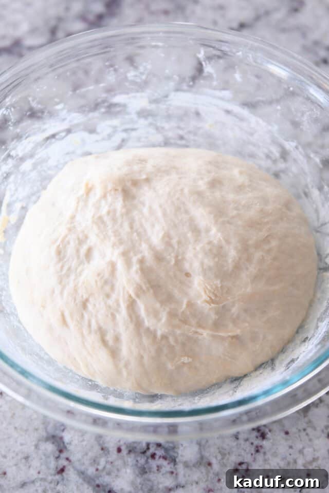 Golden Cheesy Breadsticks 4 Risen breadstick dough in a glass bowl, noticeably puffy after its short rest.