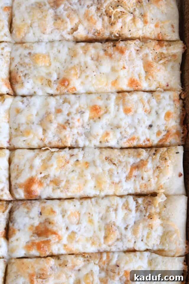 Golden Cheesy Breadsticks 6 Close-up view of six freshly baked cheesy breadsticks on a sheet pan, showing their golden crust and melted cheese.