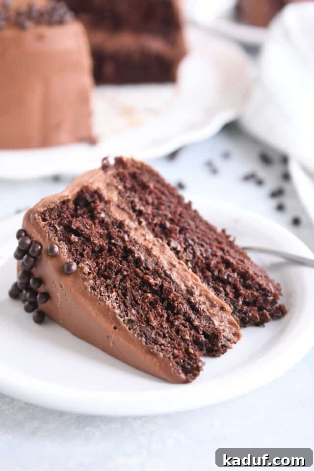 Next-Level Chocolate Cake Perfection 2 A slice of the best chocolate cake, frosted with rich chocolate ganache and adorned with delicate chocolate pearls, resting on a pristine white plate, inviting indulgence.