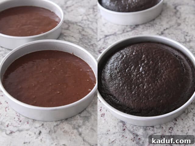 Next-Level Chocolate Cake Perfection 6 Cake batter filling two round cake pans, alongside a pair of perfectly baked chocolate cake layers, ready for cooling and frosting.