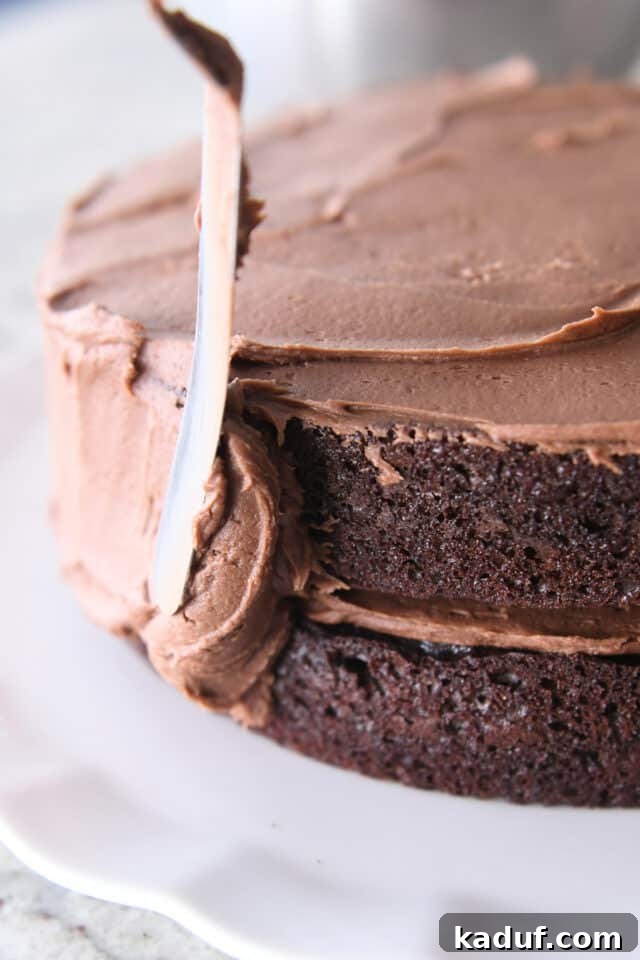 Next-Level Chocolate Cake Perfection 7 An offset spatula expertly applies rich chocolate frosting onto a freshly baked chocolate cake, preparing it for its final, decadent presentation.
