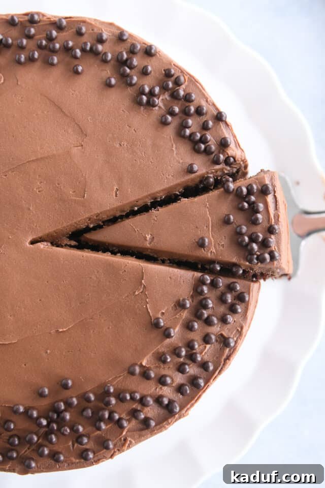 Next-Level Chocolate Cake Perfection 8 A top-down perspective of a beautifully frosted chocolate cake with a neat slice removed, revealing its moist layers and rich filling, ready for serving.