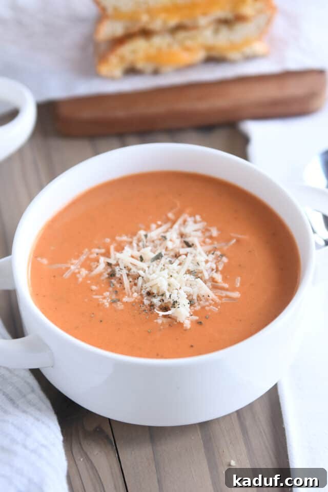 Velvety Instant Pot Tomato Basil Delight 2 A beautiful white bowl with handles, brimming with creamy tomato basil soup and garnished with freshly grated Parmesan cheese, ready to be enjoyed.