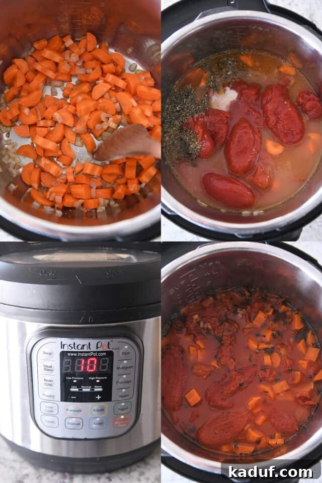 Velvety Instant Pot Tomato Basil Delight 3 A series of four images showing the cooking process: first, sautéing carrots and onions; second, adding tomatoes, basil, and broth; third, the Instant Pot displaying 10 minutes cook time; fourth, the cooked soup ready for blending.