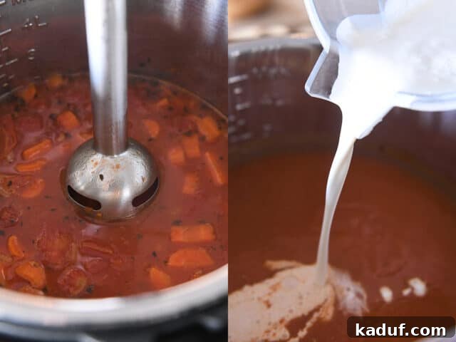 Velvety Instant Pot Tomato Basil Delight 4 Two images: one showing an immersion blender pureeing soup in an Instant Pot, and the second showing cream being poured into the blended soup.