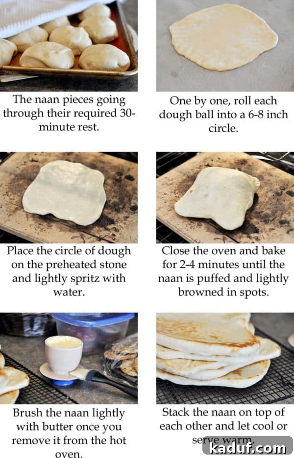 Naan: India's Beloved Flatbread 5 Step-by-step collage showing how to make Naan flatbread, from dough preparation and resting to rolling out and cooking on a hot surface.