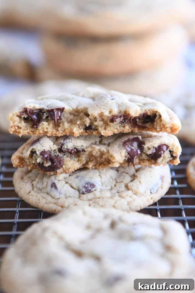 Velvety Oat Chocolate Chip Cookies 2 Two cookie halves stacked with melty chocolate chips, showcasing a soft interior.