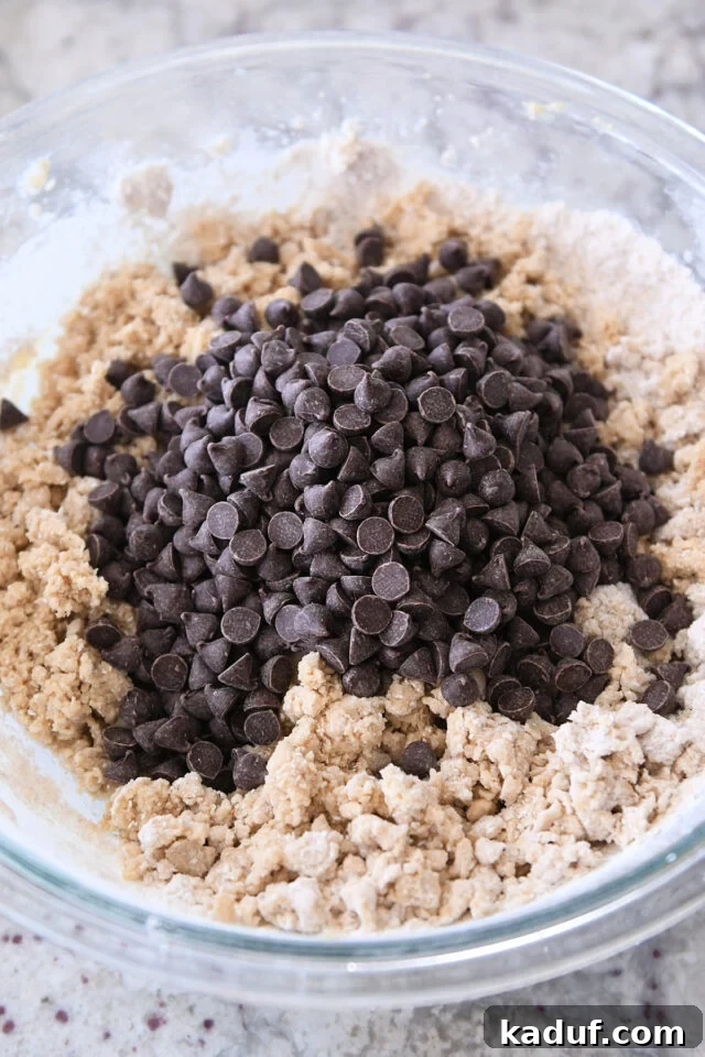 Velvety Oat Chocolate Chip Cookies 3 Glass bowl filled with chocolate chip cookie dough, ready for baking.