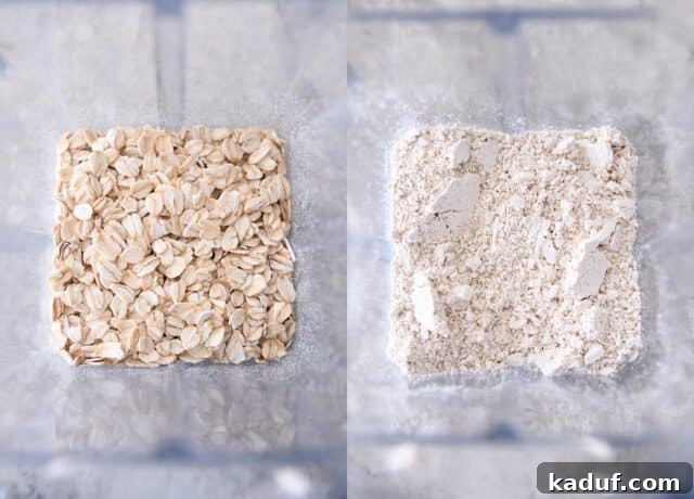 Velvety Oat Chocolate Chip Cookies 4 Two images side by side: one showing whole oats in a blender, the other showing the same oats blended into a coarse powder.