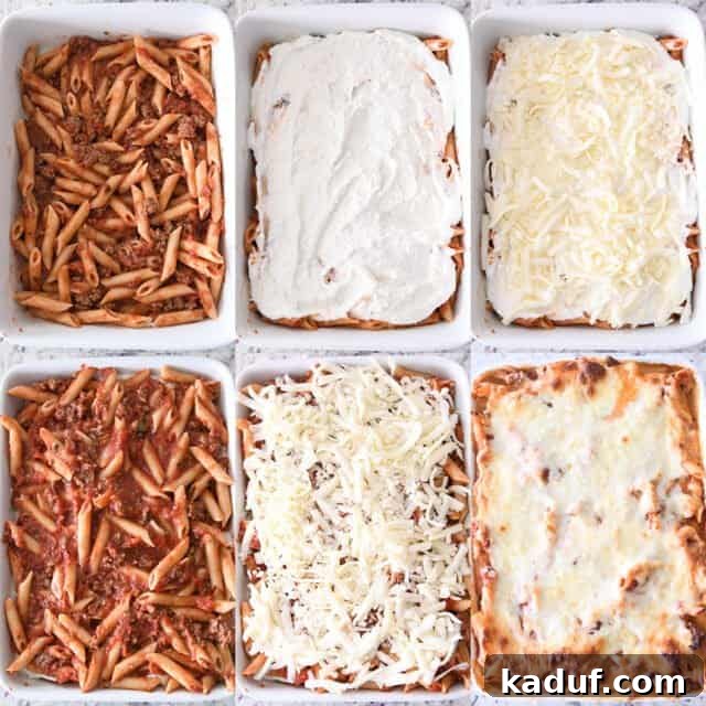 Your Go-To Cheesy Meal Prep Pasta Bake 5 Hands carefully assembling a pasta bake, layering noodles, rich red sauce, creamy ricotta cheese, and generous amounts of mozzarella cheese in a baking dish.
