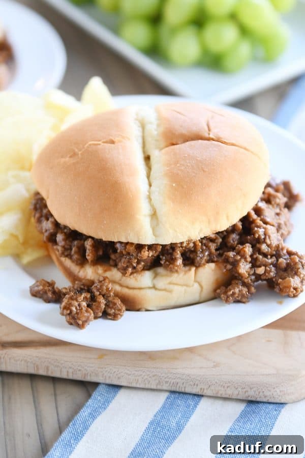 Seriously Delicious Sloppy Joes 2 A delicious sloppy joe with meat richly spilling out from a toasted bun, presented on a pristine white plate.