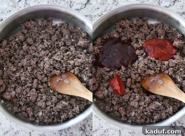 Seriously Delicious Sloppy Joes 4 Ground beef, vibrant tomato paste, rich ketchup, and smoky barbecue sauce simmering together in a stainless steel pan.
