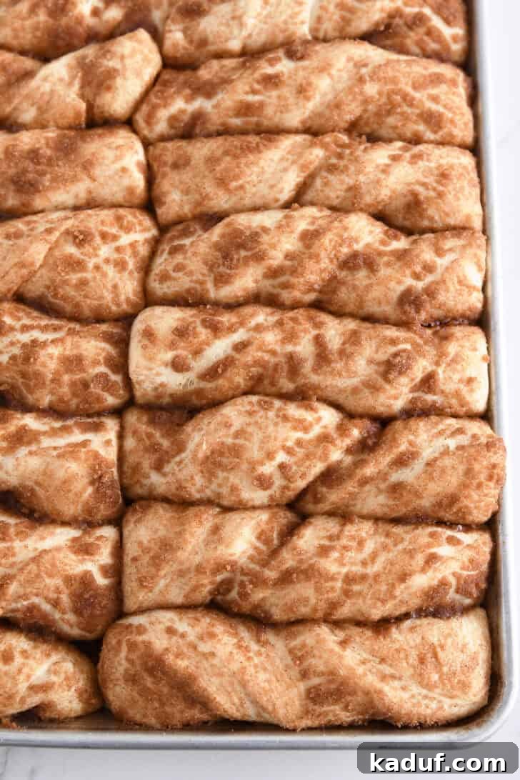 Fluffy Cinnamon Sugar Knots 8 Close up shot of cinnamon sugar twists on half sheet pan after baking. Easy Fluffy Cinnamon Sugar Twists