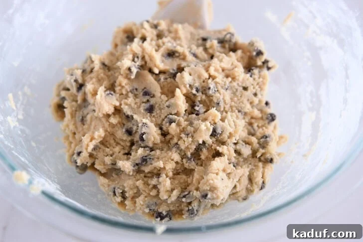 Tiny Chocolate Chip Delights 4 Close-up of chocolate chip cookie dough in a glass bowl