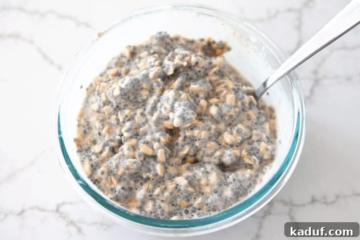 Best Ever Overnight Chia Oats 12 Glass bowl with spoon stirring up basil seeds, oats, and almond milk