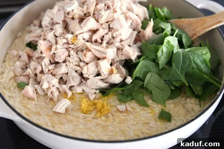 Zesty One-Pot Creamy Chicken Orzo 4 Chopped chicken, lemon zest and fresh spinach in white pan with creamy orzo.