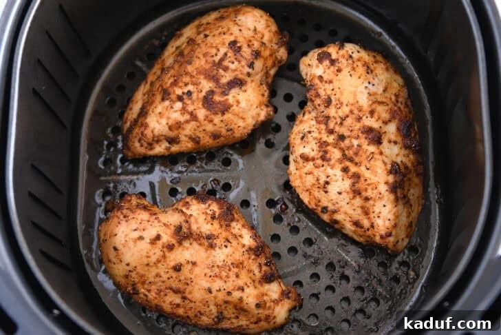 Three cooked chicken breasts in basket of air fryer.