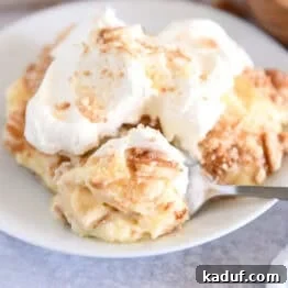 Homemade Banana Pudding from Scratch: Creamy Classic Recipe 15 Serving of banana pudding on white plate topped with whipped cream and bite on spoon.