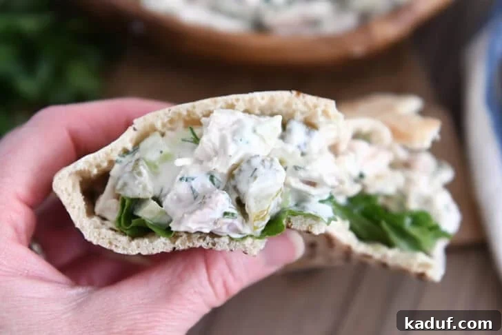 Tangy Dill Pickle Chicken Salad Recipe 8 Holding half of a pita bread stuffed with dill pickle chicken salad.