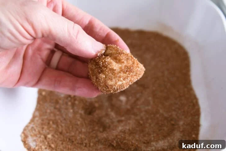 Fluffy Cinnamon Roll Bites: Mini Sweet Pastries 7 Dipping buttery dough in cinnamon and sugar.